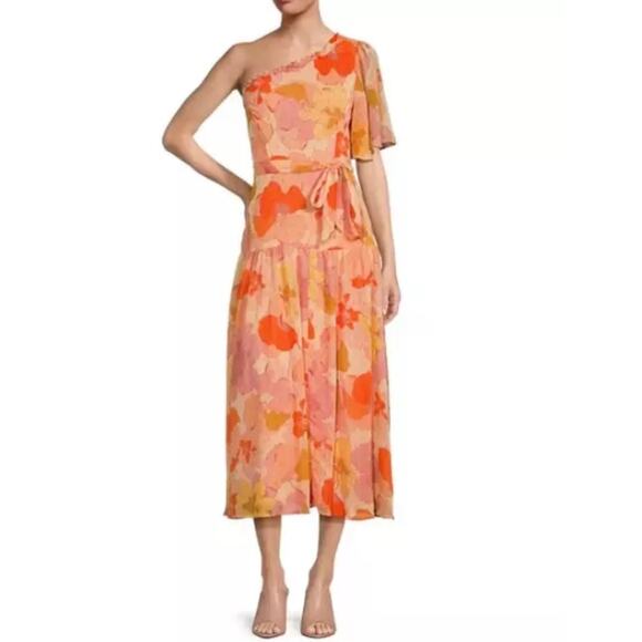 Taylor Dresses & Skirts - TAYLOR Floral Asymmetric One Shoulder Short Sleeve Ruffle Trim Long Sz 4